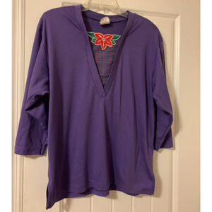 Koret purple flower v neck 3/4 sleeve blouse plaid womens XL Poinsettia